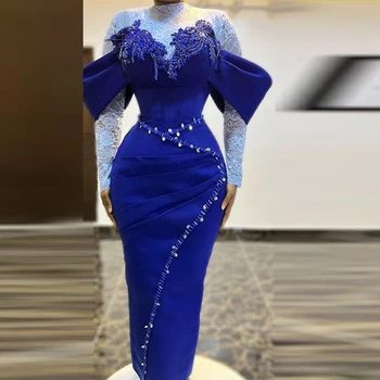 Königsblau plus Größe Ballkleider Spitze hohen Hals lange Ärmel aso ebi Abendkleider Satin Frauen formelle Gelegenheit Party kleid Robe