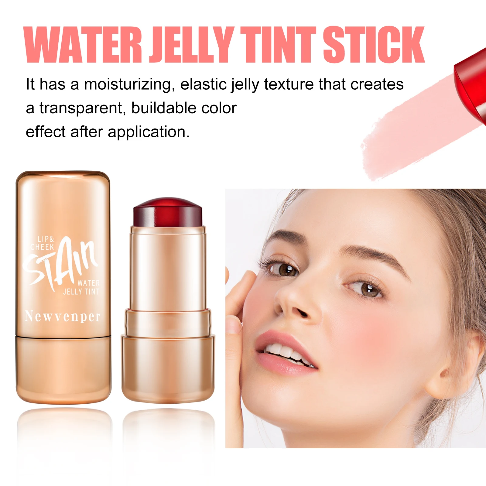 Durable Waterproof Water Jelly Tint Blush Stick for Face and Lip，Non-Sticky，Long Lasting，Moisturizing，Nourishing