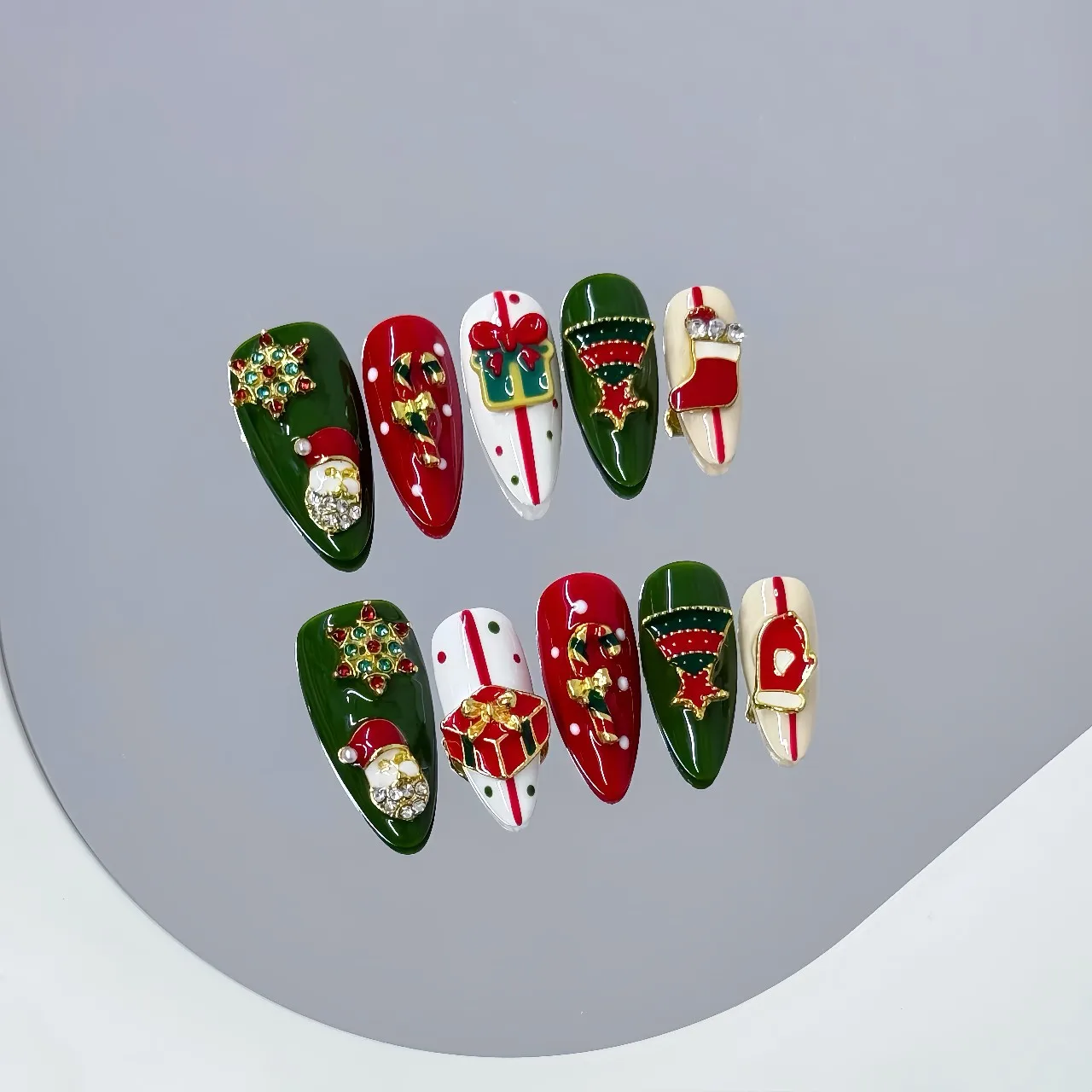 10Pcs Christmas 3D Charm Handmade Press on Nails Santa Gift Box Candy Cane Xmas Tree Sock Fake Nail Almond False Nail for Women