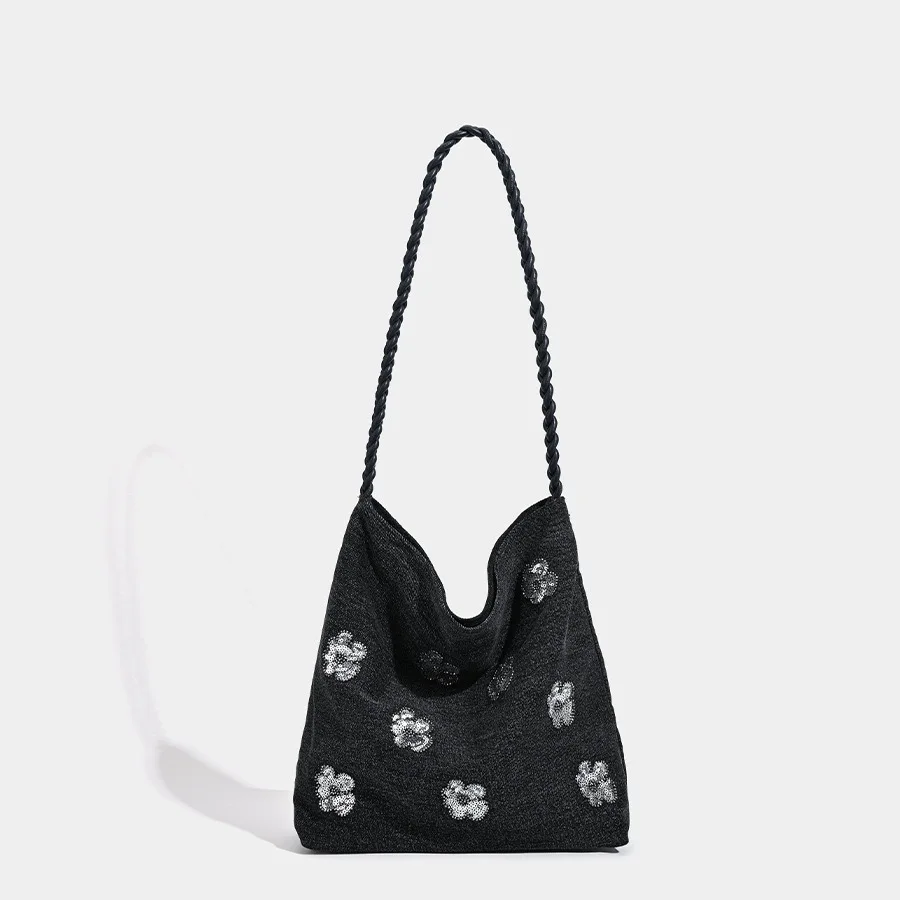 

Black Floral Simple Sequin-decorated Woven Shoulder Bag Vintage Versatile Large-capacity Handbag