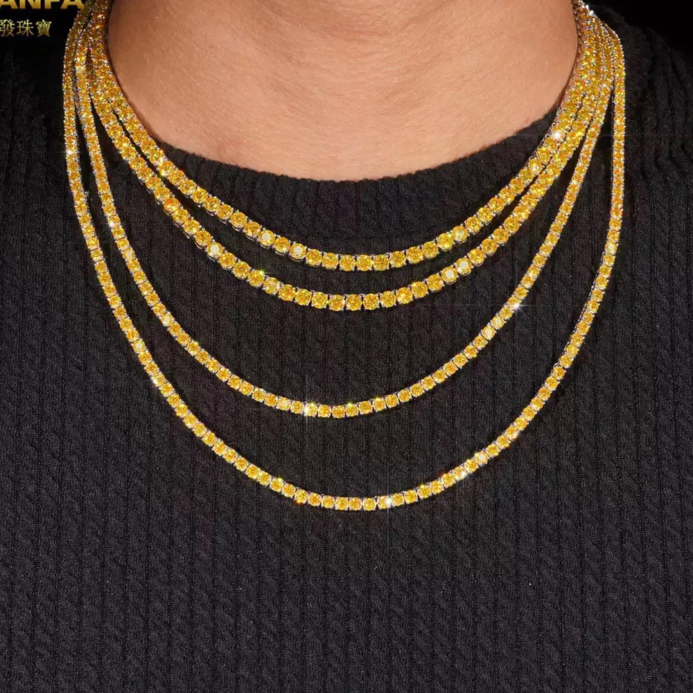 

3-4mm Gold Yellow Moissanite Tennis Chain Necklace 925 Sterling Silver Hiphop Rock Men Jewelry Pass Diamond Tester with Gra