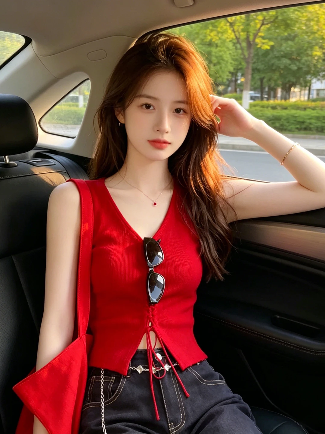 Red V-Neck Knitted Bandage Vest Women's Summer 2026 New Style Slim Fit Short Length Strap Top Casual Pure Color Commute Style