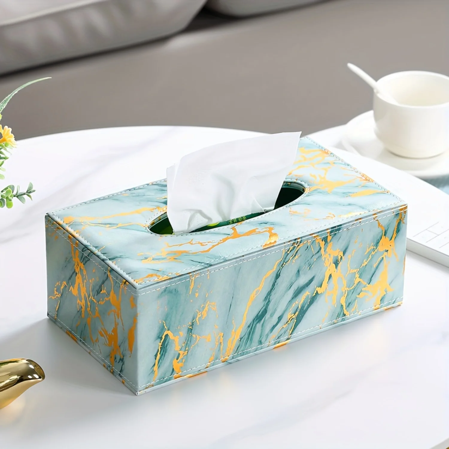 1pc Green Ink Marble Pattern Leather Drawer Tissue Box for Bedroom, Living Room, Car - Daily Desktop Decor & Gadgets