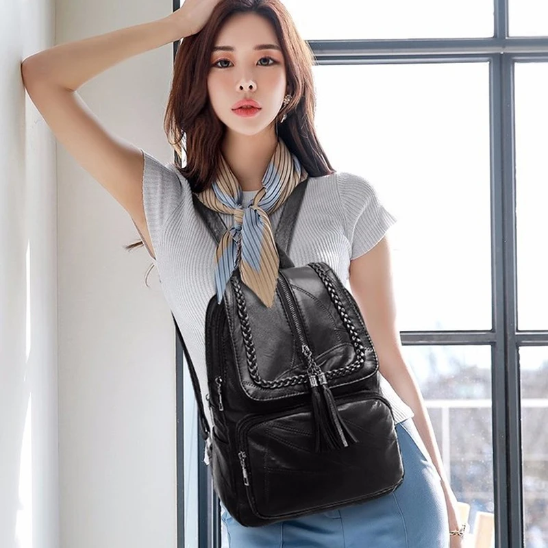 2024 Women\'s PU Leather Backpack School Bag Classic Black Waterproof Travel multi-function Shoulder Bag Rucksack