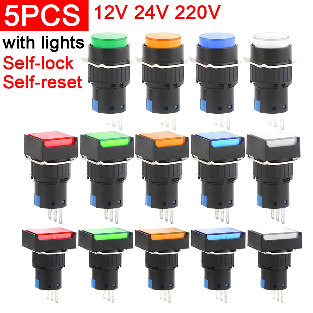 

5 шт. LA16 самоблокирующийся сброс миниатюрный круглый квадрат LA16-11 со световым квадратным прямоугольным круглым стартовым источником питания