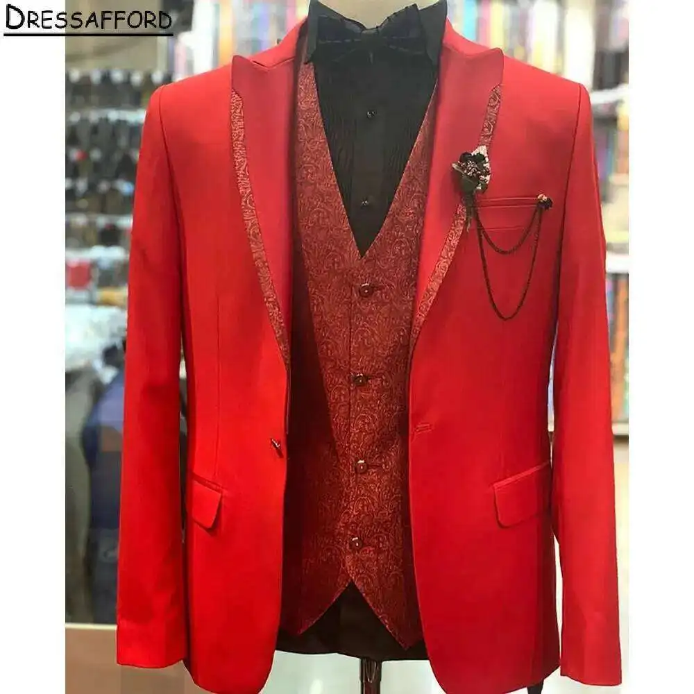 Red Jacquard Men Suits For Wedding Groom Tuxedos 3 Pieces Jacket+Vest+Pants Prom Blazers Customized
