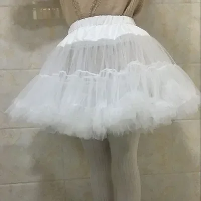 Women Girls Ruffled Short Petticoat Solid White Fluffy Bubble Tutu Skirt Puffy Half Slip Crinoline Underskirt No Hoop