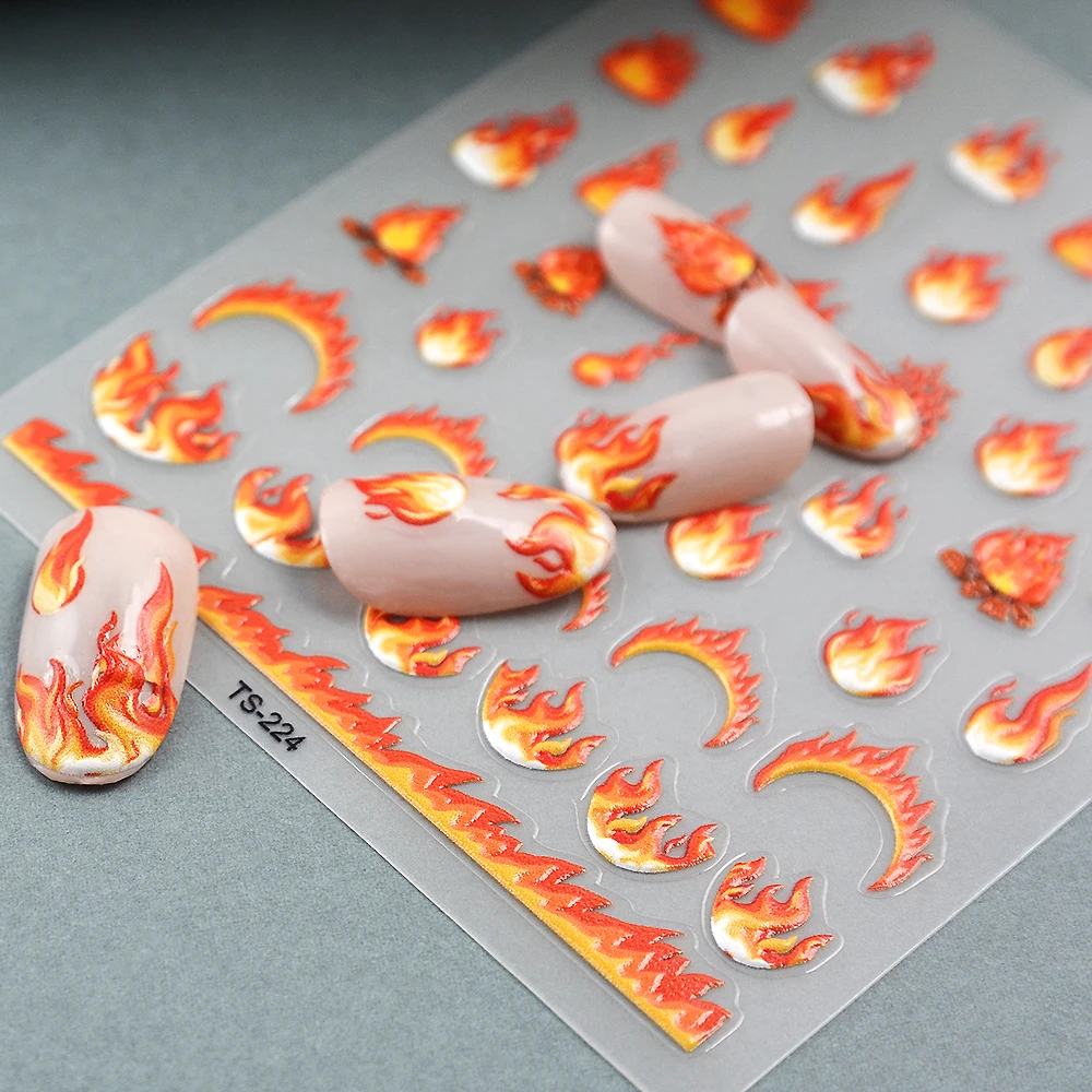 Fire 5D Nail Stickers Back Glue Nail Sticker Monogram Decals Self-adhesive Slider