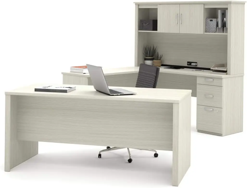 Bestar Logan Escritorio de oficina ejecutiva en forma de U o L de 66 W con pedestal y aparador en chocolate blanco