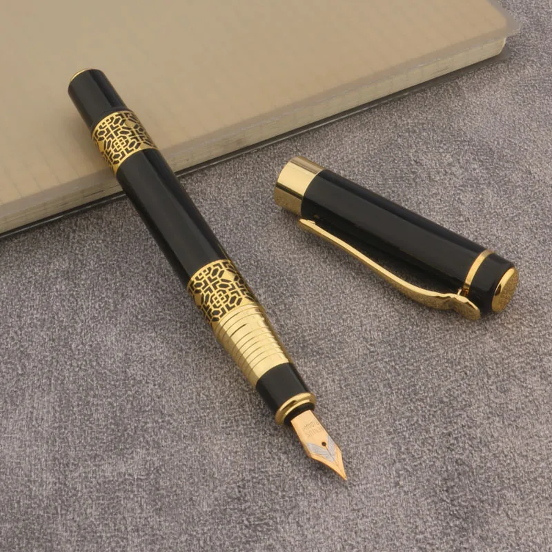 Brand Metal Fountain Pen Black Golden Carving Mahogany Business Office School Supplies Writing Ink Pen