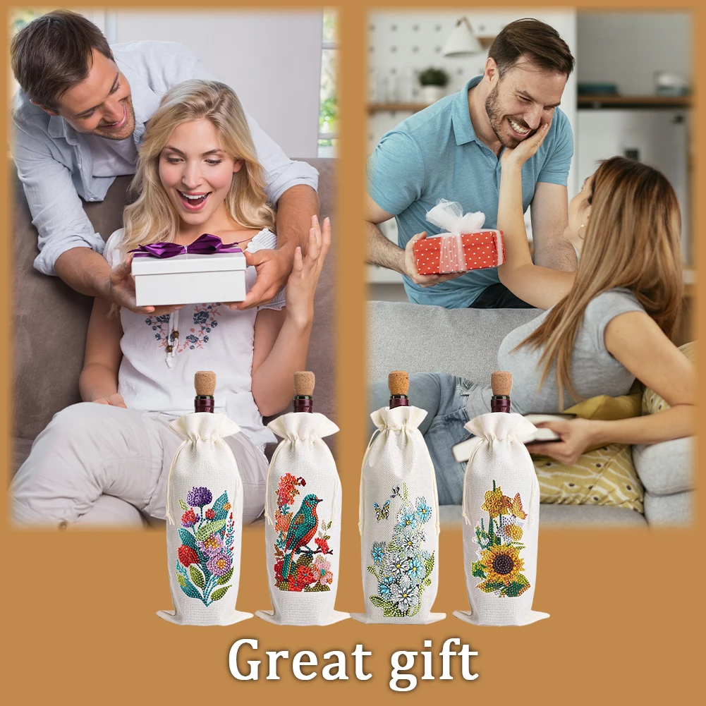 

4pcs DIY Diamond Painting Wine Bag Kit Rhinestones Liquor Bottle Cover (Flower)