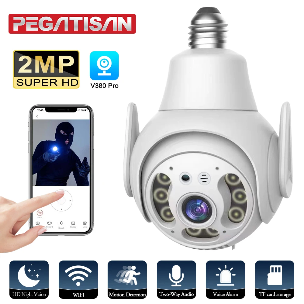 E27 Bulb 2MP Wifi Surveillance Camera 4X Digital Zoom Auto Human Tracking Full Color Night Vision Home Video Security Monitor