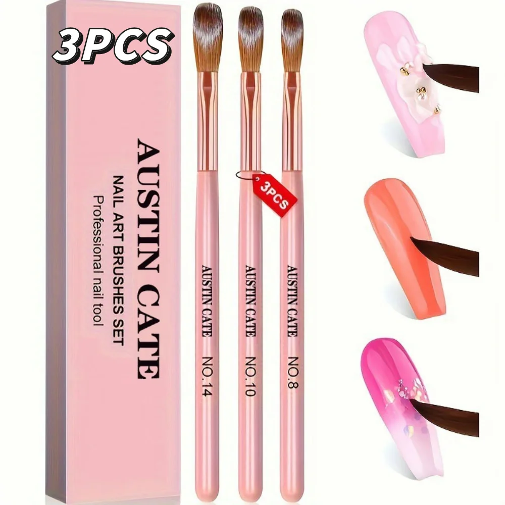 3Pcs/Set #8/10/14 Pink Wood Handle Acrylic Nail Brush 3A+ Professional Powder Extension Carving Nail Art Pen Manicure Salon Tool