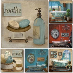 Retro Bathroom Bathtub Toiletries Canvas Painting Soap Poster Print Modular Wall Art Picture for Living Room Hotel Home Decor