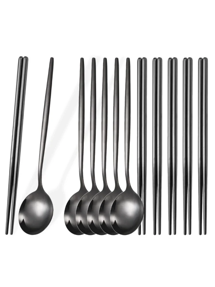 Ensemble de couverts en acier inoxydable noir, bâtons de Sushi, cuillères à dîner, baguettes coréennes, cuillère à Dessert, ensemble de couverts 12 pièces