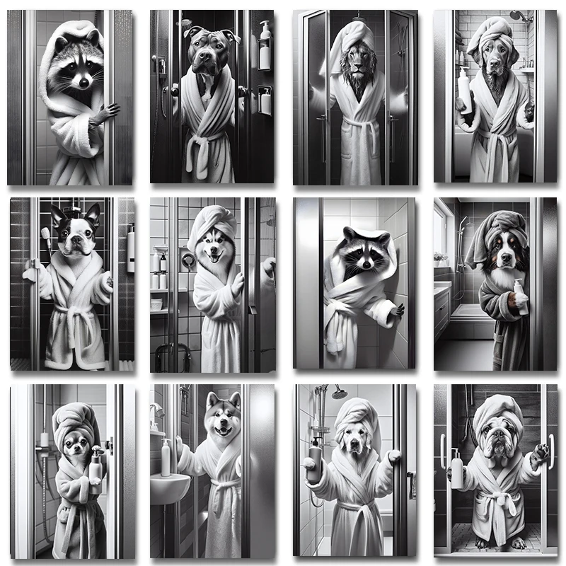 Raccoon Pitbull  Husky Boston Terrier Chihuahua Bathroom Art Poster Print, Funny Dog Canvas Painting Black and White Home Decor