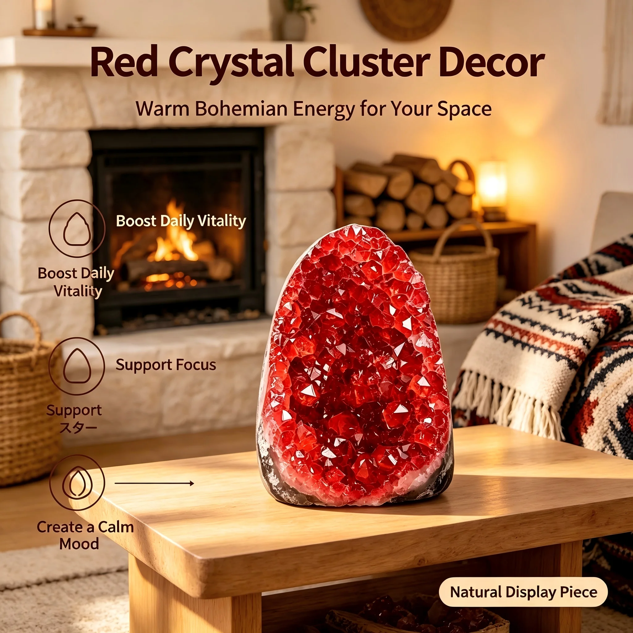 A heavy red crystal quartz cluster, stunning red crystal decoration with random styles, suitable for home decoration, office desk accessories, luxury bookshelf decoration, unique gifts for Valentine's Day, weddings, and Christmas