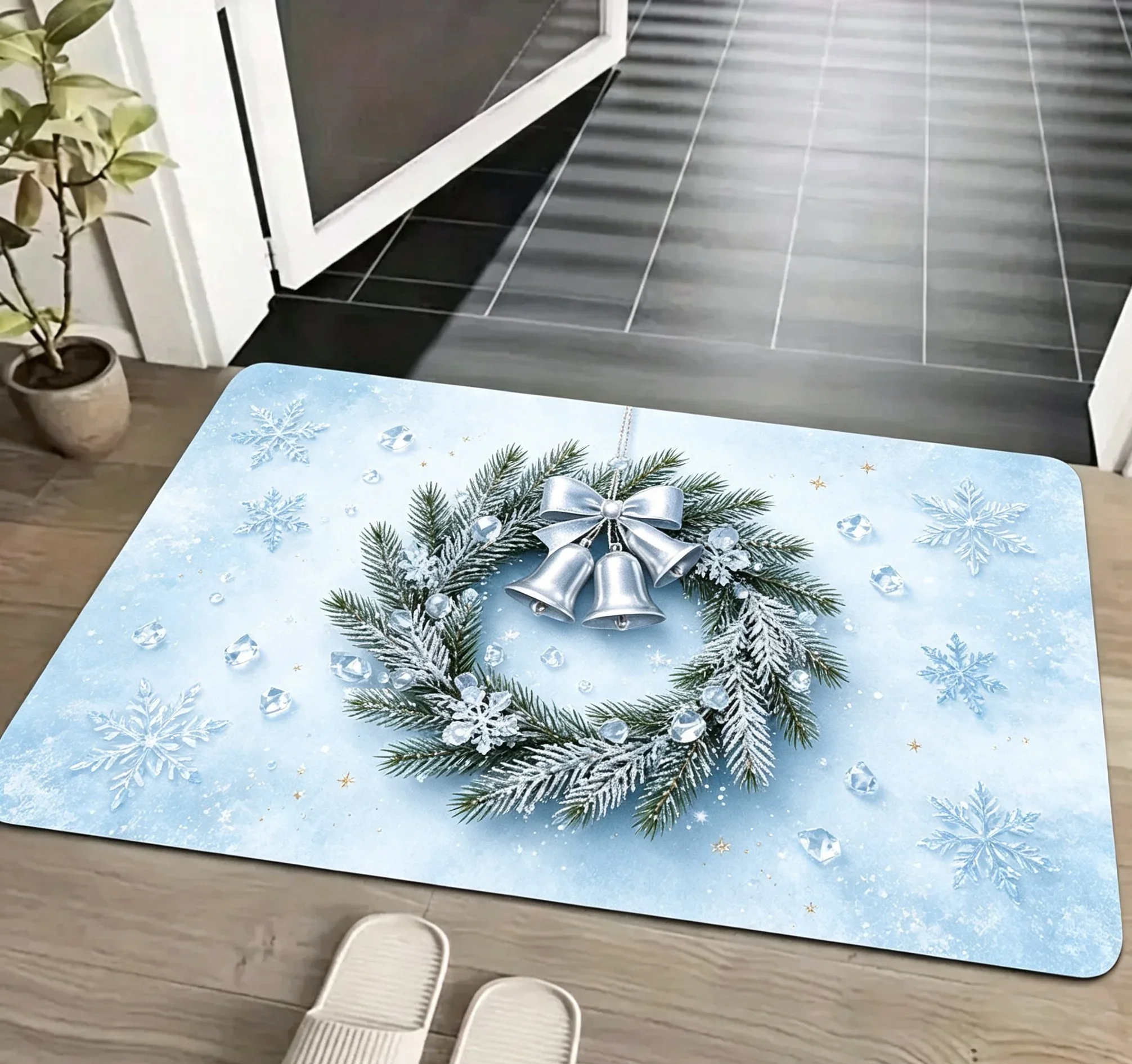 Red Black Plaid Bell Candy Cane Snowflake Rug For Farmhouse Style Entryway Cute Xmas Design Non Slip Floor Mat