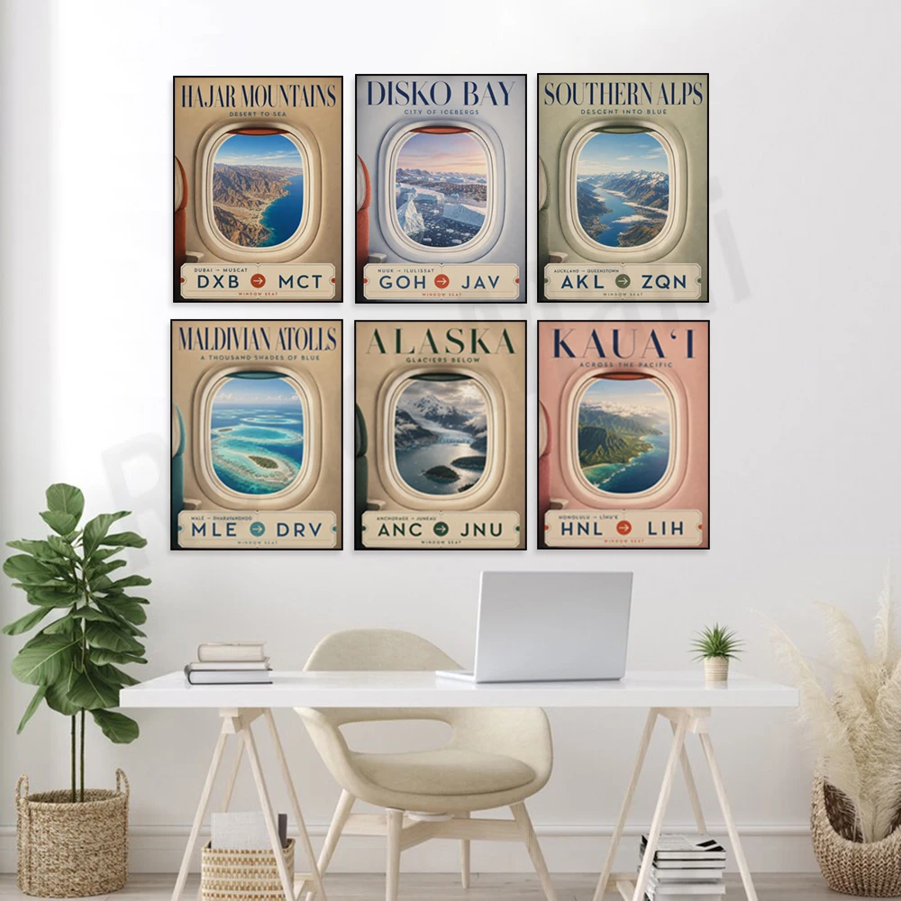 Brazil, Kauai, Alaska, South America, Mount Fuji, Maldives, Himalayas, Hajar Mountains, vintage airplane window travel poster