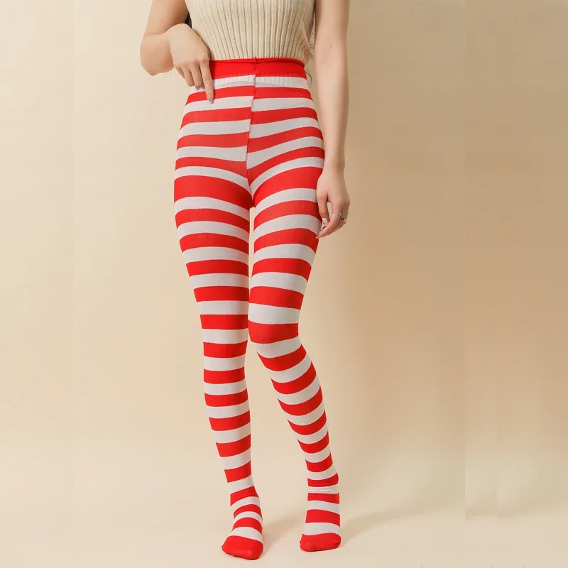 Women High Waist Striped Pantyhose Christmas Halloween Costume Tights Cosplay Accessory Red and White Strip Leggings