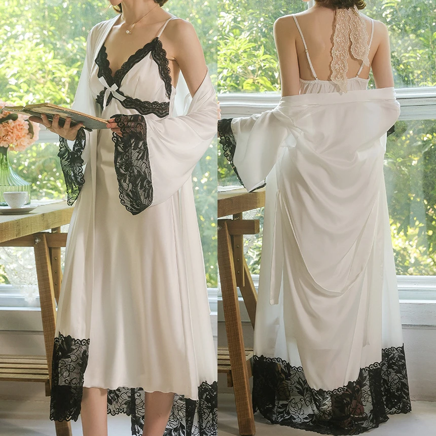 

Women's 2PCS Robe&Gown Set Nightgown Elegant Lace Long Kimono Bathrobe 2026 Spring New Sleepwear Home Dress Rayon Lingerie