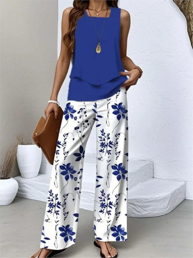 2026 Women's Summer New Casual Commuting Two-piece Fashionable Square Neck Sleeveless Vest Top Paired With Loose Pants Print Set