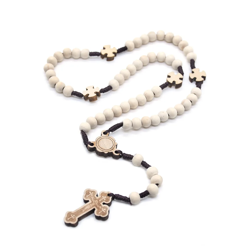 Log Wooden Beads Hand Woven Religious Belief Cross Rosary Pendant Necklace Church Prayer Baptism Men Women Jewelry Souvenir Gift