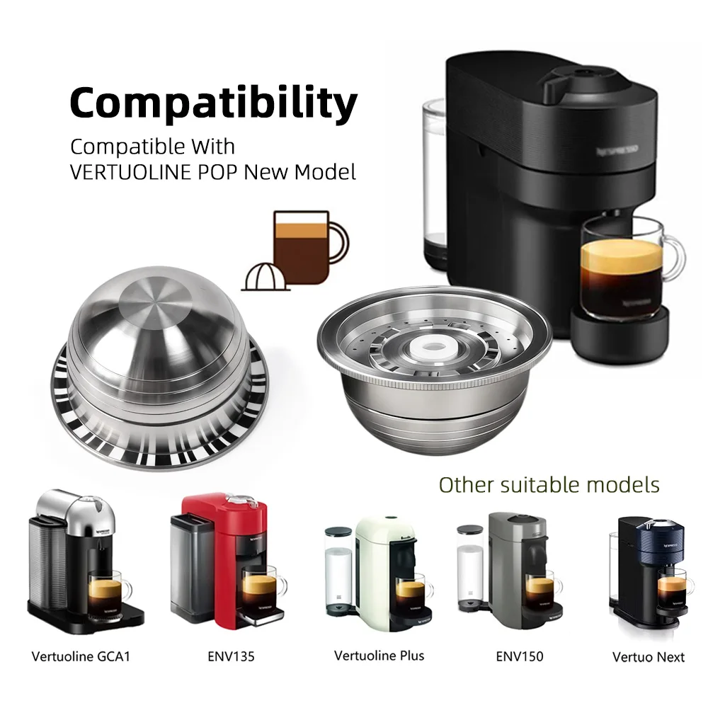 Stainless Steel Refillable Coffee Capsule Reusable Pod Compatible With Vertuoline to Reduce Waste Complete Kit with Brush Spoon