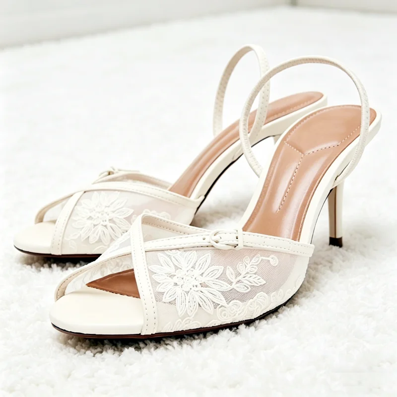 

Hand Embroidered Floral Detail Mesh Heeled Sandals Women Sexy Peep Toe Back Strap High Heels for Ladies Elegant Party Dress Shoe