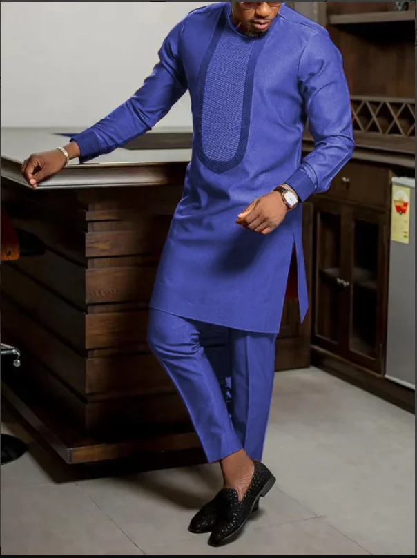 

Men's luxury fashion leisure navy blue geometric print two-piece set