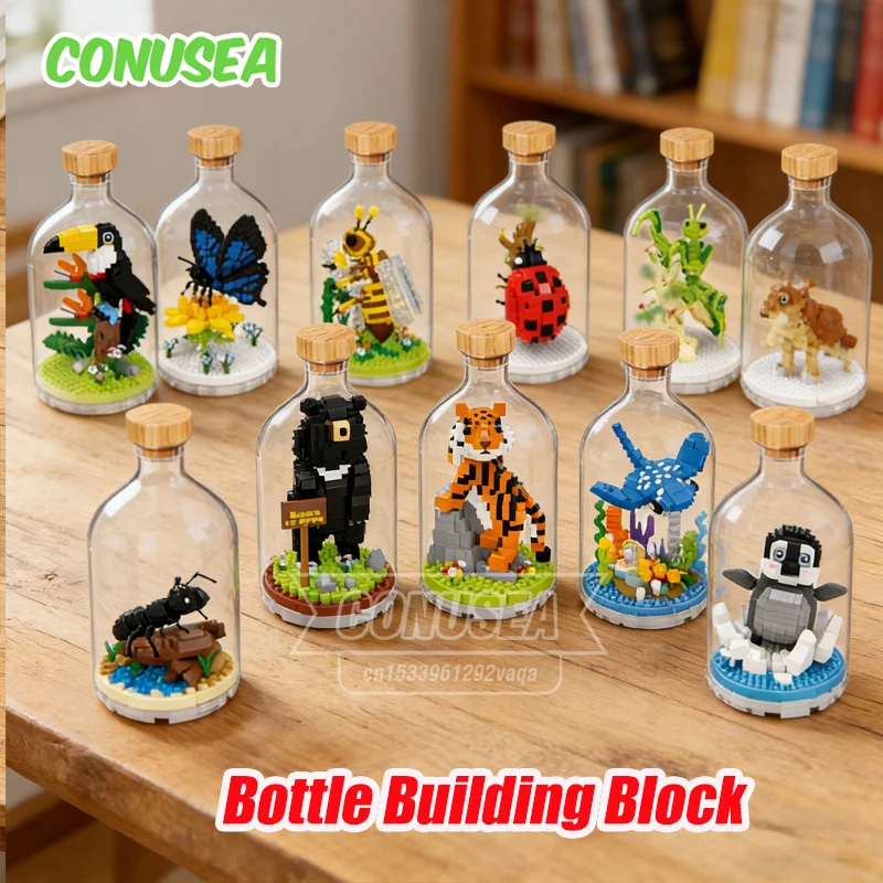 12 Styles bouteille Micro blocs de construction d'animaux Mini briques insectes modèle ours tigre bricolage Puzzle jouets pour enfants cadeaux d'anniversaire