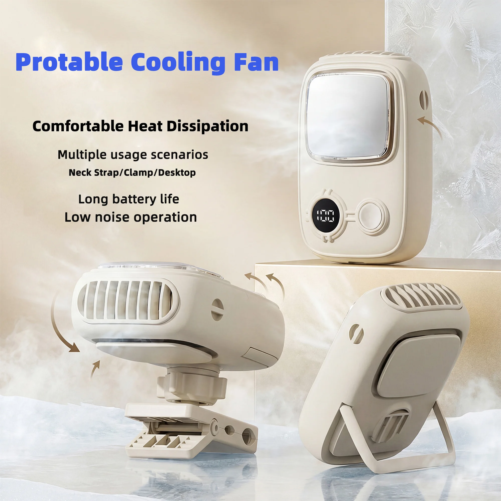 Portable Mini Fan, Unique Cooling Module, Multi-Speed Adjustable, Long Battery Life, 4-in-1 Wearable Design for Neck, Desk, Hand, Umbrella & Waist, Perfect Summer Commuting Gadget.