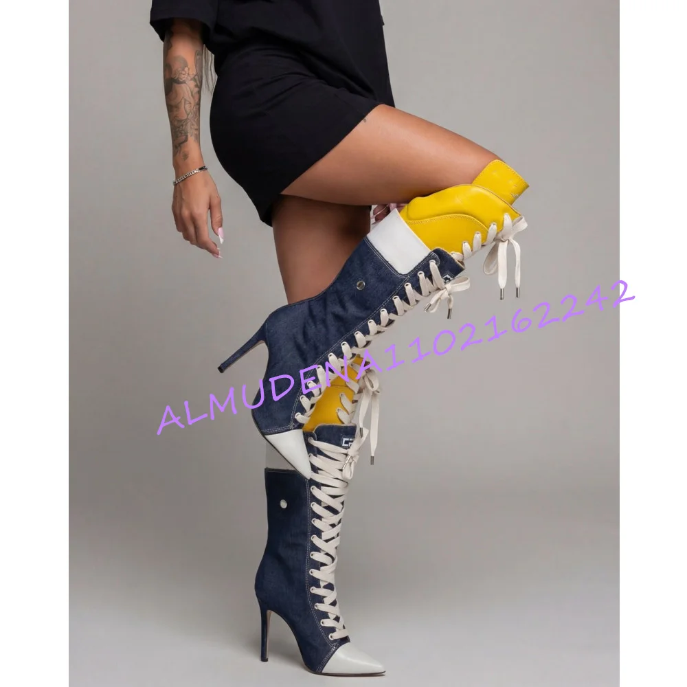Women Denim Patchwork Knee High Boots Pointed Toe Lace Up Thin Stiletto Heel Fold Yellow Cuff Side Zipper Street Tall Booties
