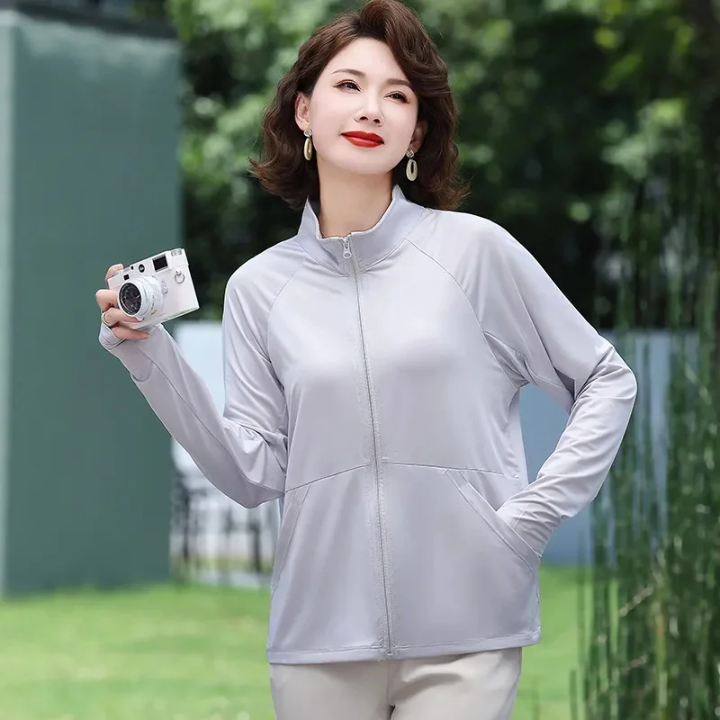 2026 Summer New Sunscreens Jacket Women UV Protection Middle-Aged Elderly Outwear Ice Silk Sun-Protective Coat Short Female Tops