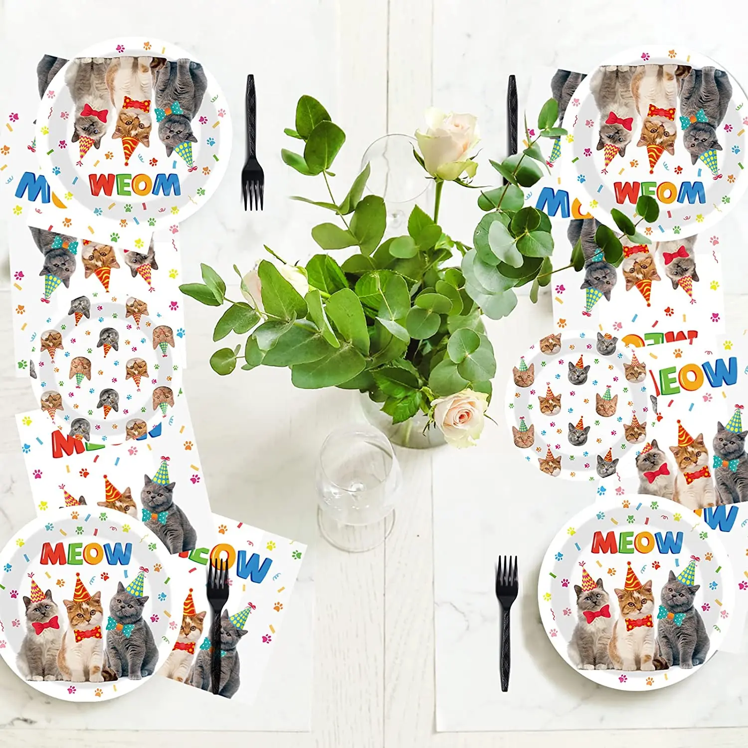 Cat Birthday Party Decorations Packs Kitten Paper Tableware Set Balloons Plates Napkins Globes for Cat Baby Shower Party Supples