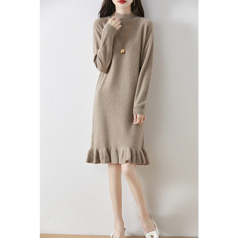 

Women Dresses Plus Long Knee-Length Oneck 100% Australian Wool Knitwears Ladies Raglan Sleeve Dress Free Ship