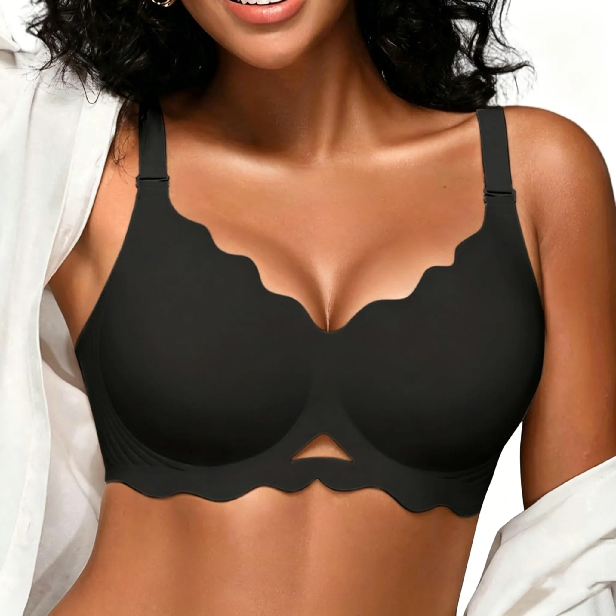 Women's Seamless Wire-free Bra with Deep V-neck Wavy Design Soft and Supportive Jelly-like Texture Full Cup Bra Plus Up image 5