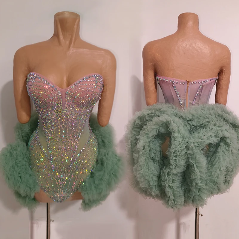 

Women's Performance Costume Off Shoulder Glitter Rhinestone Fluffy Dress Nightclub Party Club Wear Singer Stage Clothes VDL5046