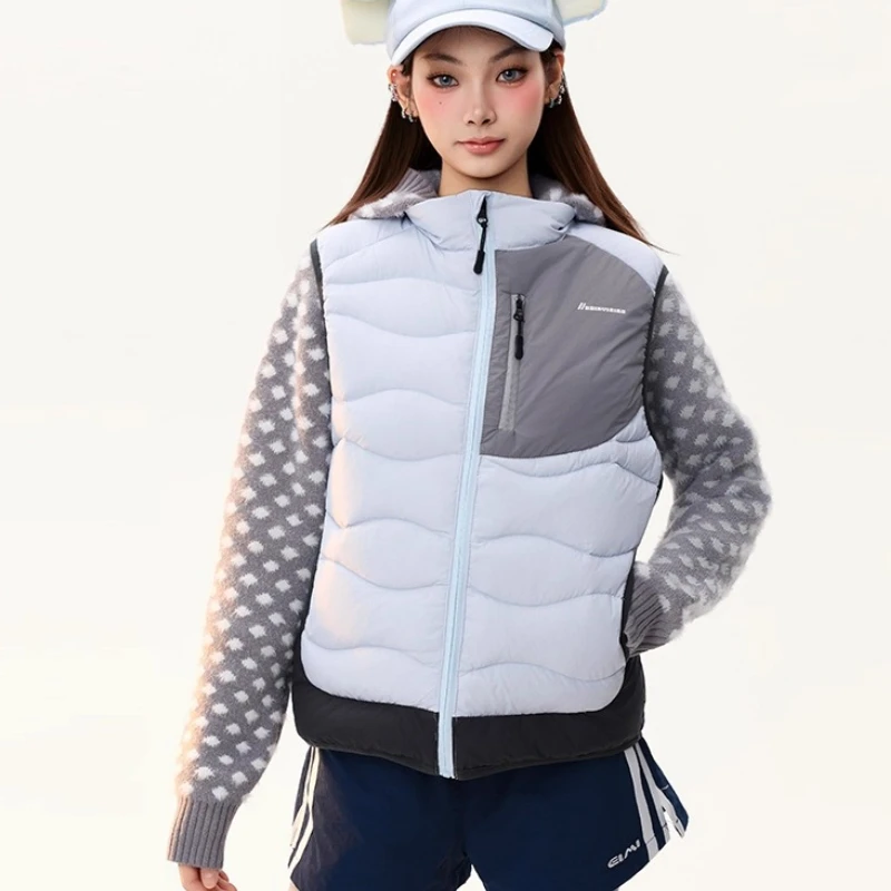 Damska kurtka z dzianiny w retro wzór w kropki, z łączonymi rękawami, na jesień i zimę, nowa, z białego puchu kaczego, z blokami kolorów, stójka, płaszcz dla dziewczyny.