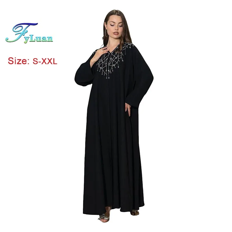 2025 nouveaux vêtements pour femmes noires mode musulmane strass col en v Style décontracté ample nouvelle robe en mousseline de soie débardeurs ensembles deux pièces