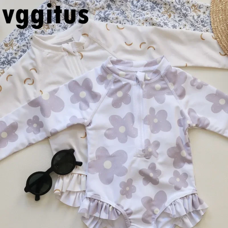 Traje de baño para bebé, traje de baño de verano para niñas con estampado Floral de plátano, mono triangular de manga larga, traje de baño + sombrero, ropa de playa de secado rápido para niños H6929