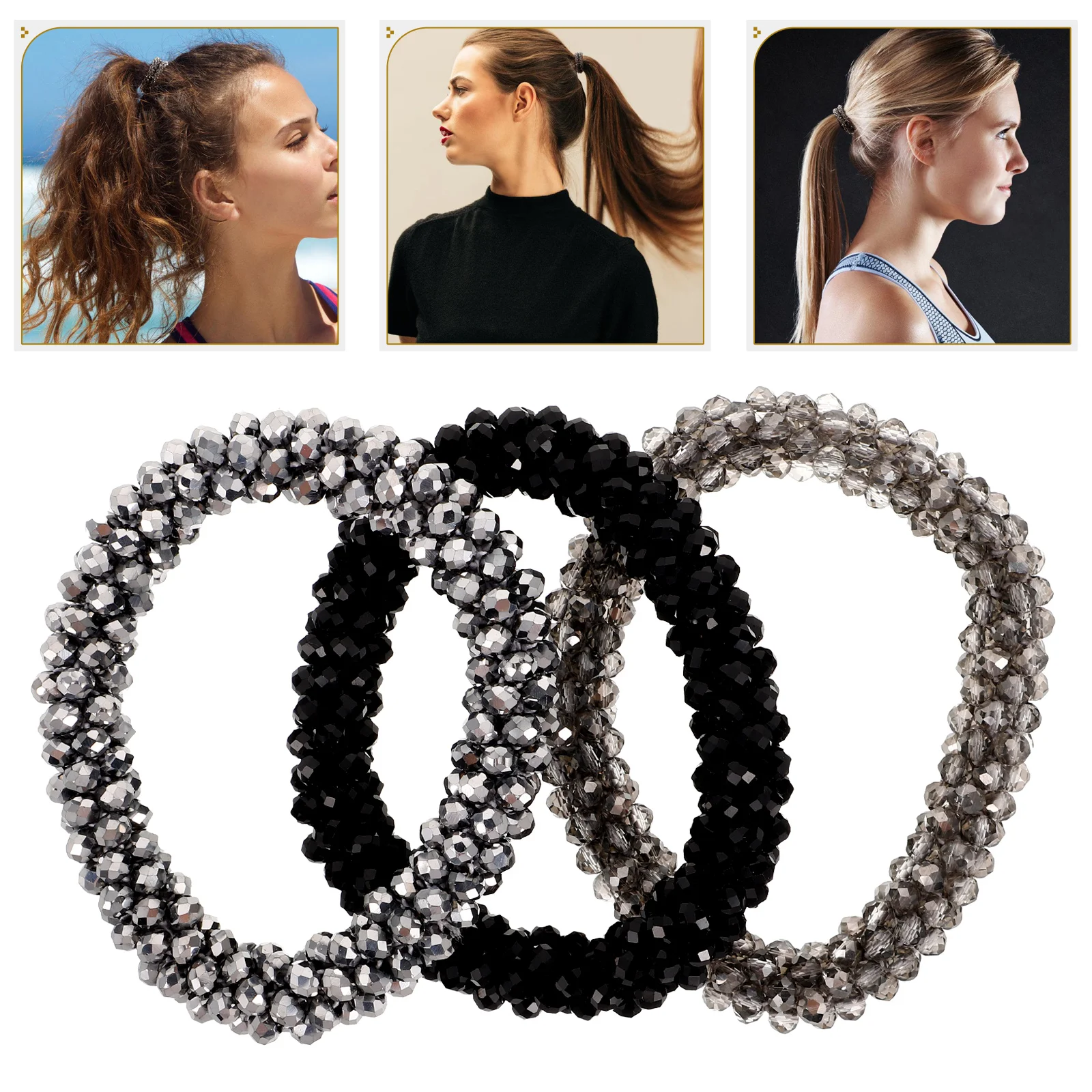 

3Pcs Crystal Hair Ties Women Accessories Elastic Decorative Adjustable Simple Headb Bling Ponytail Cuff Rubber Scrunchies