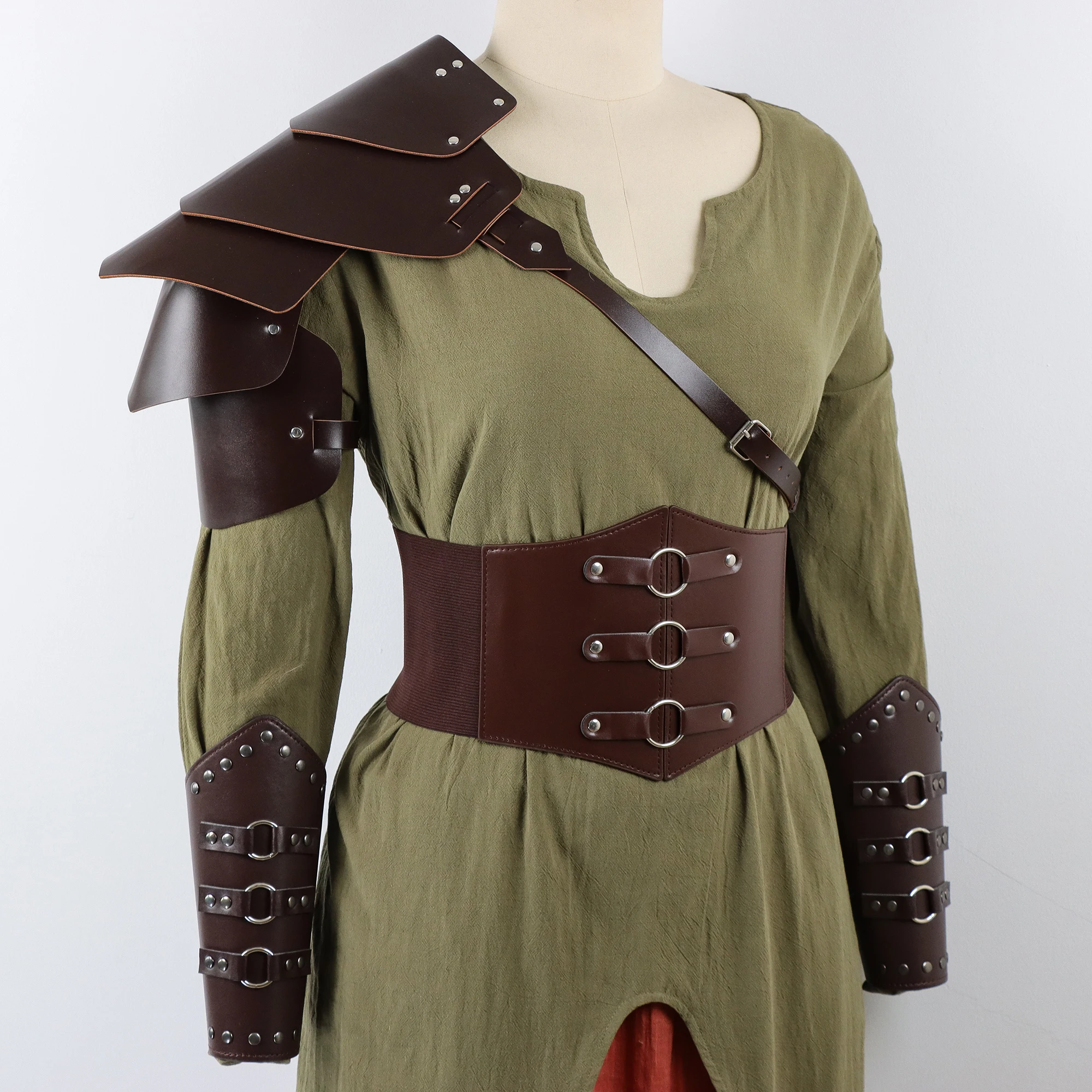 2-Piece Medieval Viking Vintage PU Leather Single Pauldron & Bracers Set, Aged Faux Leather Shoulder Armor & Arm Guards for Nord