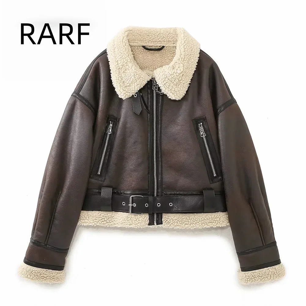 

Women's 2024 Winter Lamb Wool Double sided Short Version Flip Collar Long Sleeve Warm Jacket Coat