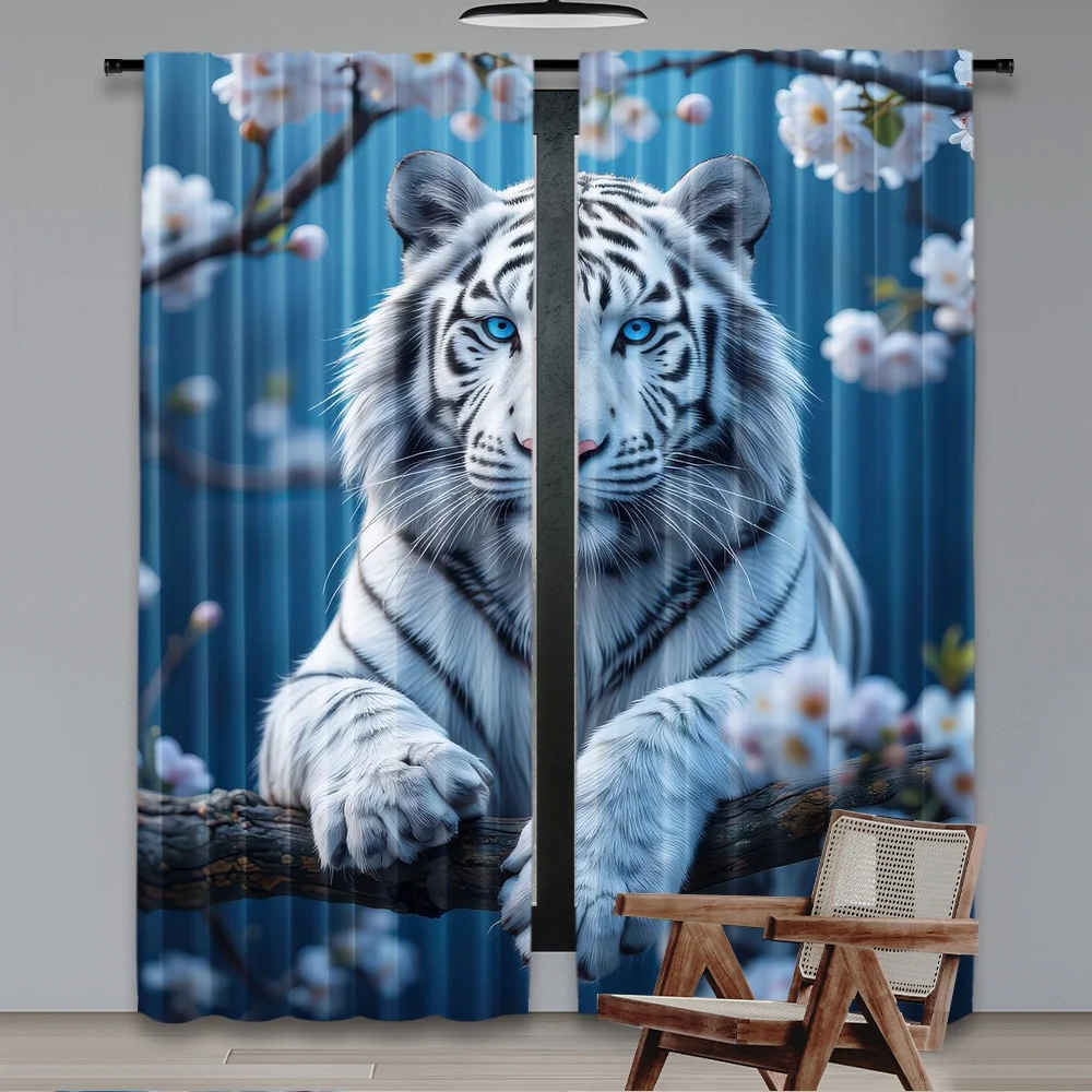 2D flat printing 2pcs Curtain Party Curtain Blue-Eyed Tiger Blossom Digital Printed Polyester Drapes Festive Wall Decor for