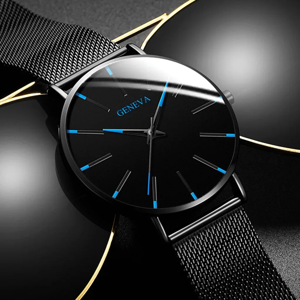 Fashion Mens Business Black Watches Luxury Stainless Steel Ultra Thin Mesh Belt Quartz Men Wrist Watch Casual Classic Male Watch