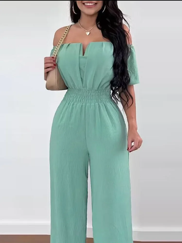 Summer New Women Sexy One Line Shoulder Solid Color Short Sleeve Jumpsuit Slim Elastic Waist Loose Straight Female Long Jumpsuit