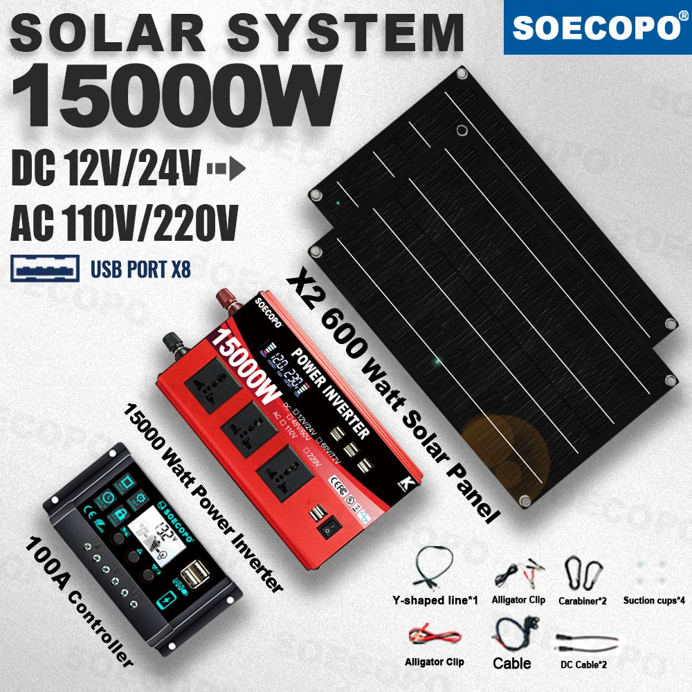 

SOECOPO 15000W 12V/24V Flexible Solar Kit 600W×2 Panel 100A Controller Power Converter with 8 USB Ports for RV Camp Emergency