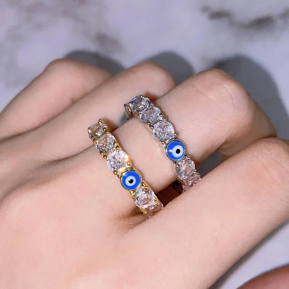 Wholesale Fashion Dainty Blue Zircon Evil Eyes Gold Plated Rings Jewelry for Women