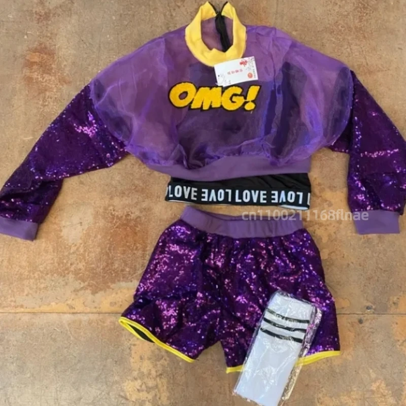 Traje de baile de Jazz para niña, versión coreana, traje de baile callejero de Hip-hop para niños con traje de actuación de lentejuelas con ombligo expuesto